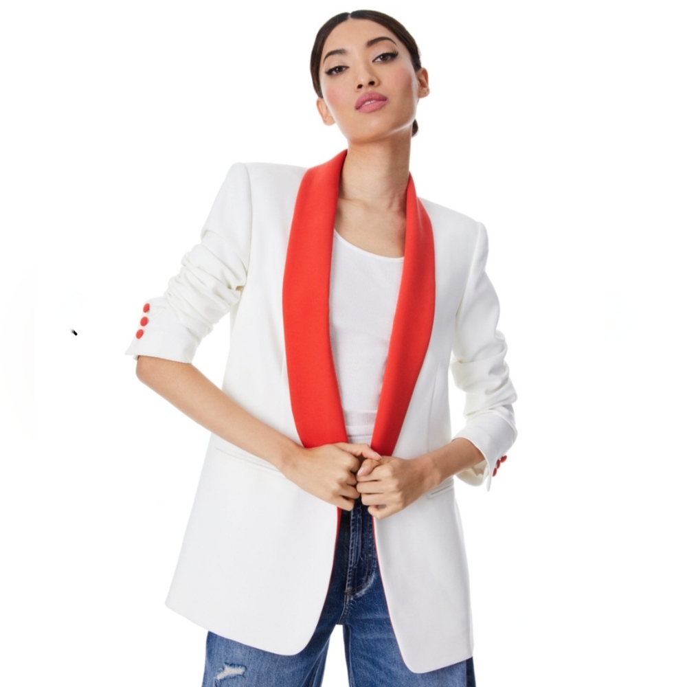 Alice + Olivia Vernell Shawl Collar Smoking Jacket Blazer White Red Oversized 12